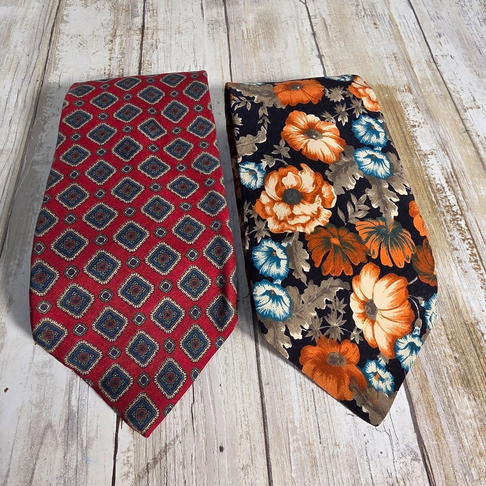 Harve Benard Men Silk Necktie Lot 2 Floral Orange Blue Red Geometric Diamond Tie